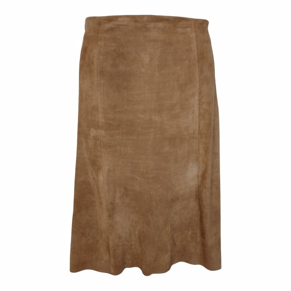 CACHE Tan Suede A-line Flare Skirt Size 6 Leather Coastal Cowgirl Hi Low Hemline